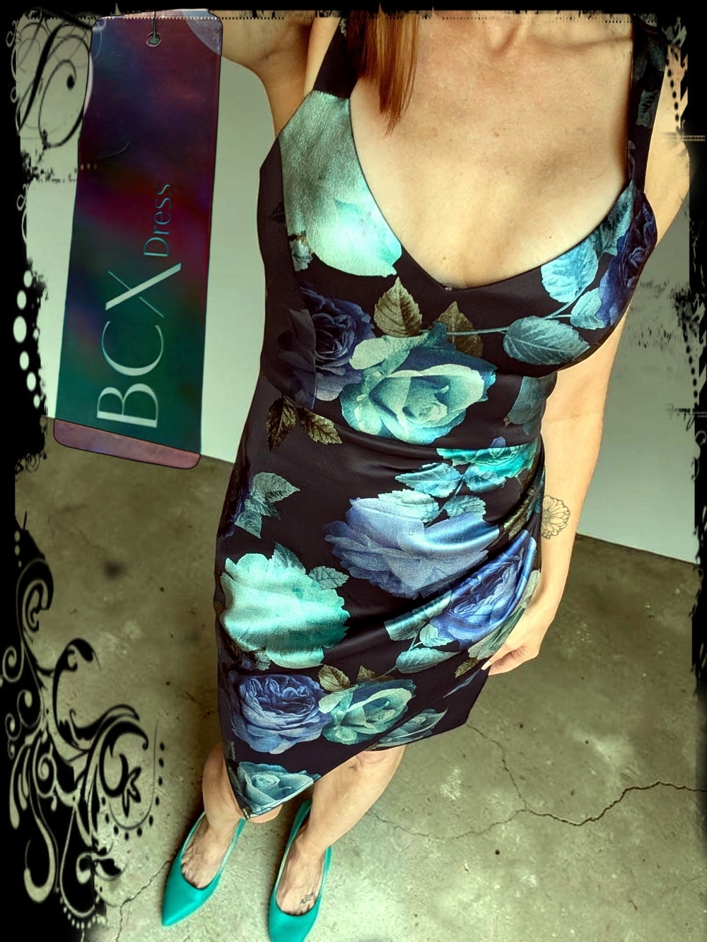 BCX Black Mini Dress with Teal & Blue Rose Print